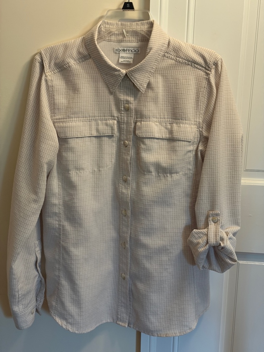 ExOfficio Women’s Button-Down Shirt in Light Beige Check